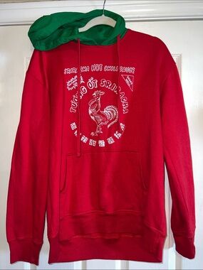 Sriracha Red Hoodie with Green Hood Lining and White Graphic XL